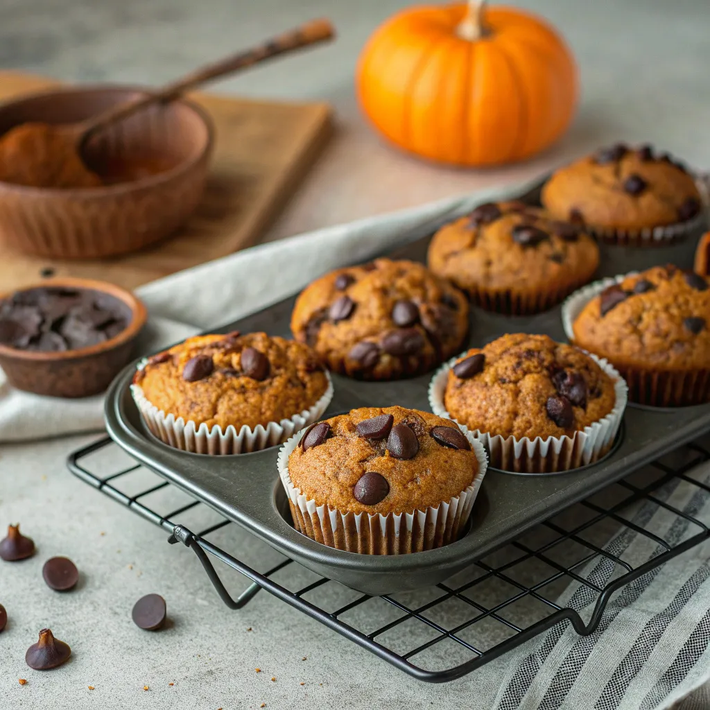 healthy pumpkin chocolate chip muffins cooling
