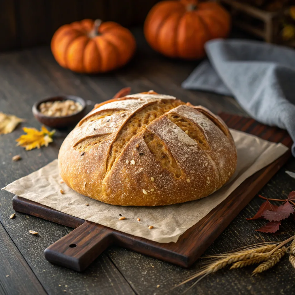 Rustic pumpkin sourdough bread with golden crust on wooden board