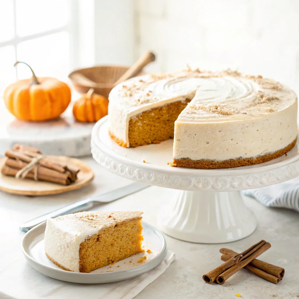 Frosted pumpkin spice cake with one slice served on a white plate in a bright white kitchen