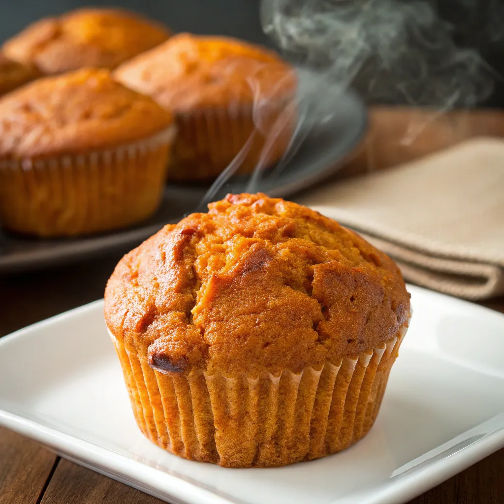 Freshly baked sourdough pumpkin muffin with steam rising