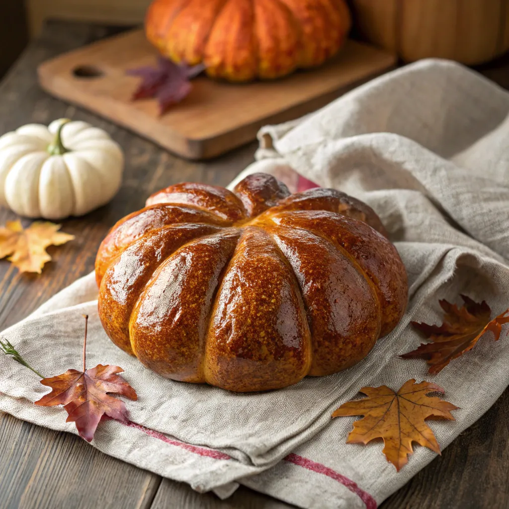 Pumpkin shaped sourdough bread with glossy crust on cloth