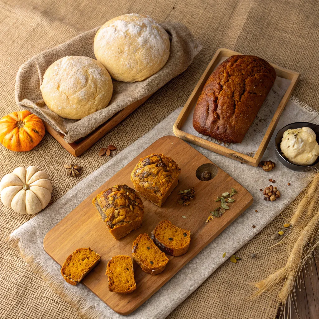 Variety of pumpkin sourdough breads and muffins on table