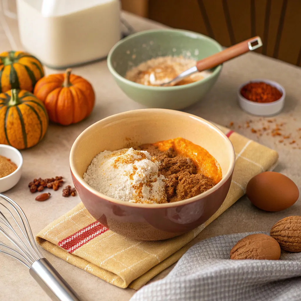 mixing ingredients for healthy pumpkin muffins
