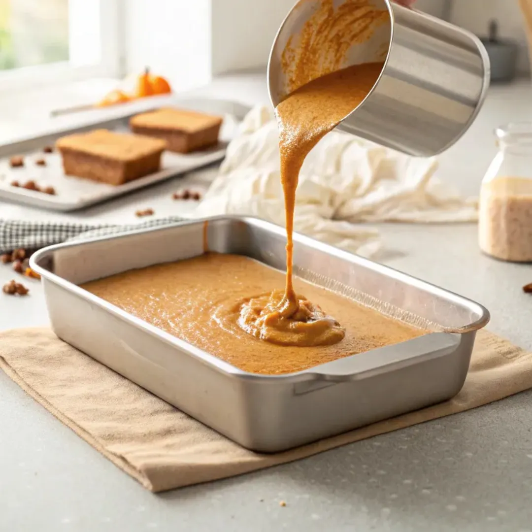 Pouring pumpkin spice cake batter into baking pan on light kitchen counter