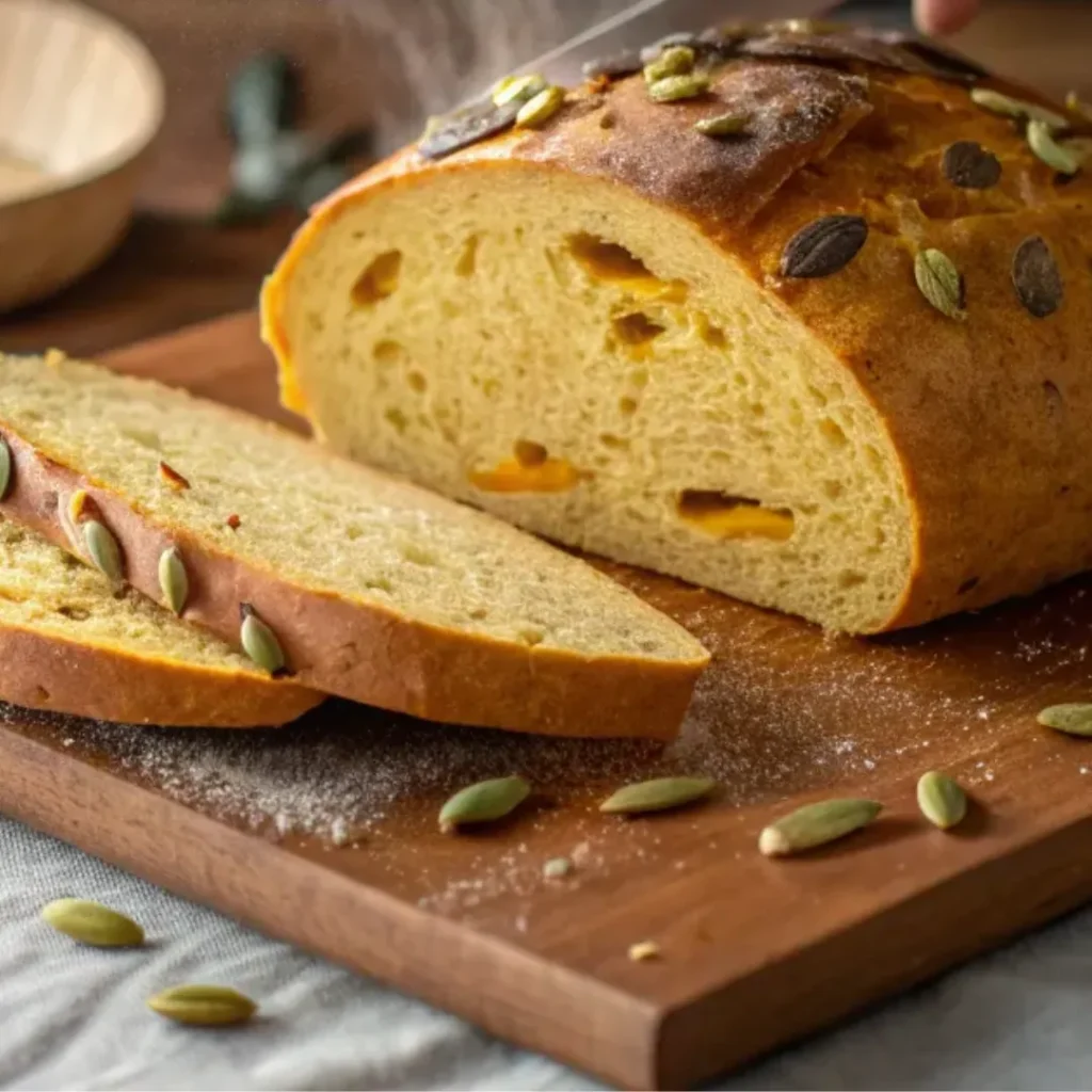 Freshly sliced pumpkin sourdough bread loaf with steam