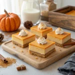 No-bake pumpkin cheesecake bars on graham crust topped with whipped cream