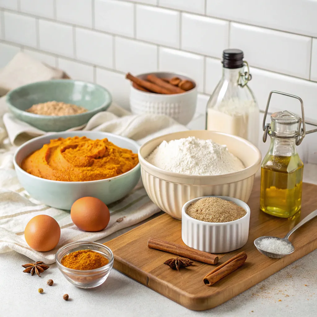Flat lay of pumpkin spice cake ingredients including canned pumpkin puree, flour, sugar, eggs, oil, vanilla, baking soda, and warm spices