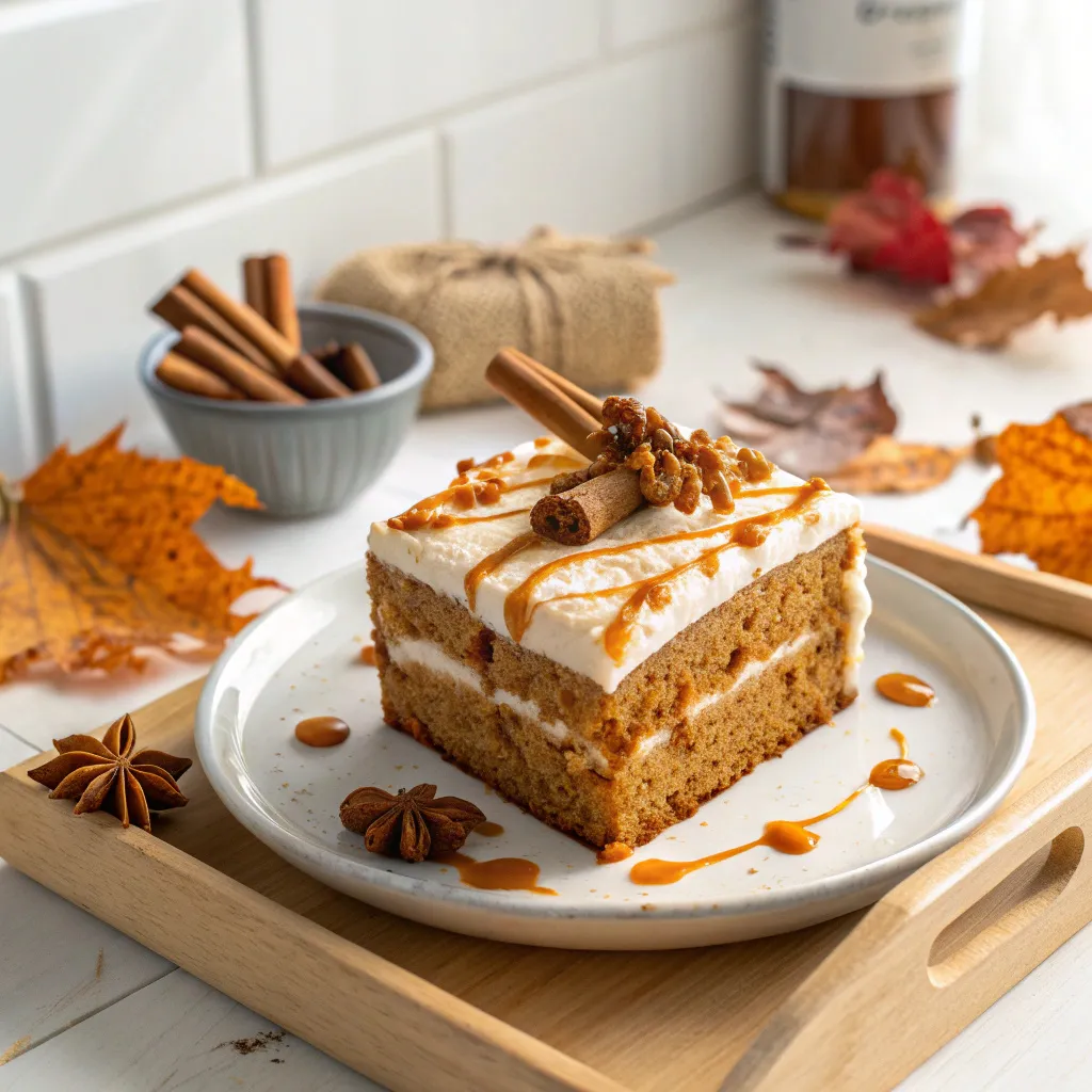 A cozy slice of pumpkin spice cake with frosting and warm fall flavors
