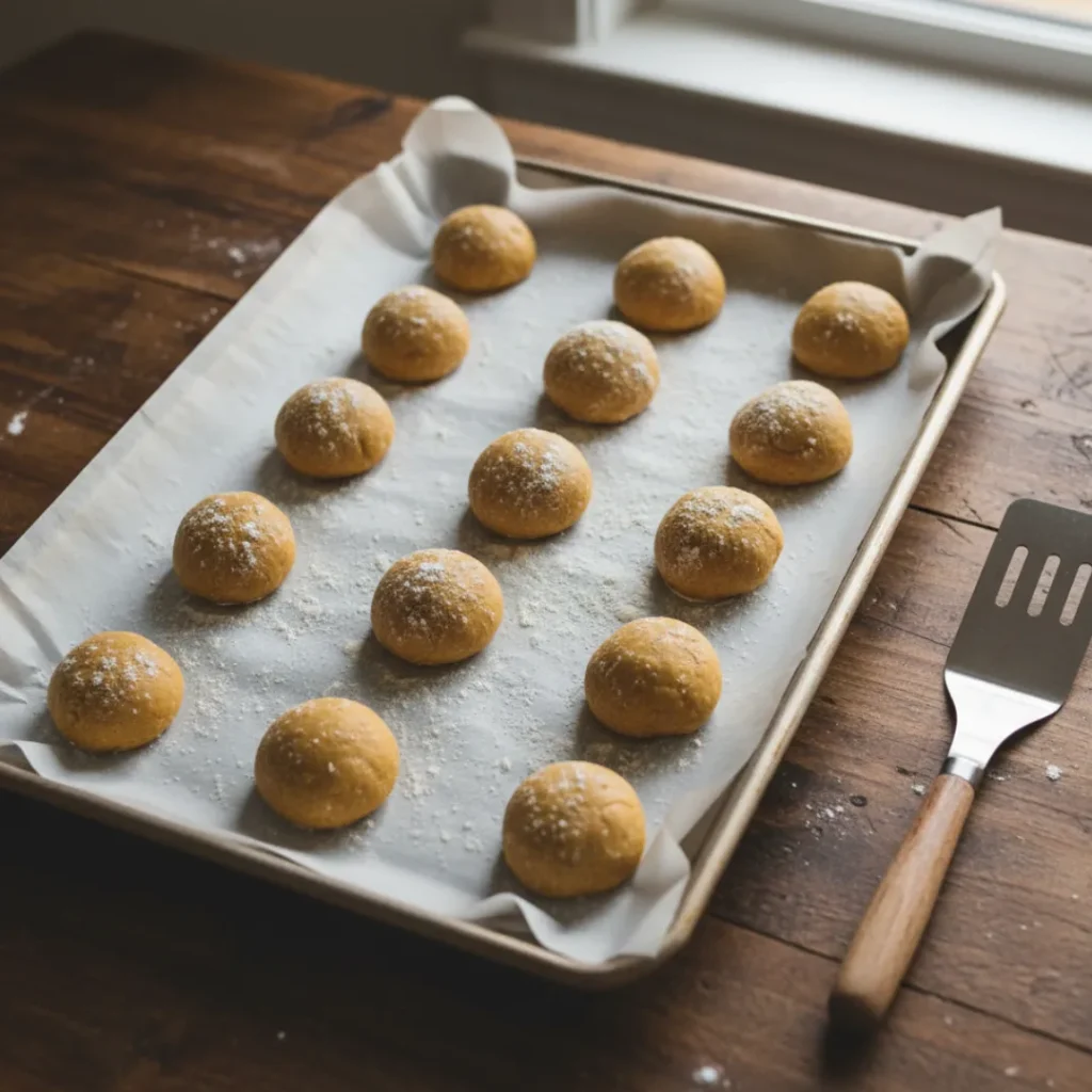 fall cookie dough balls on parchment paper before baking