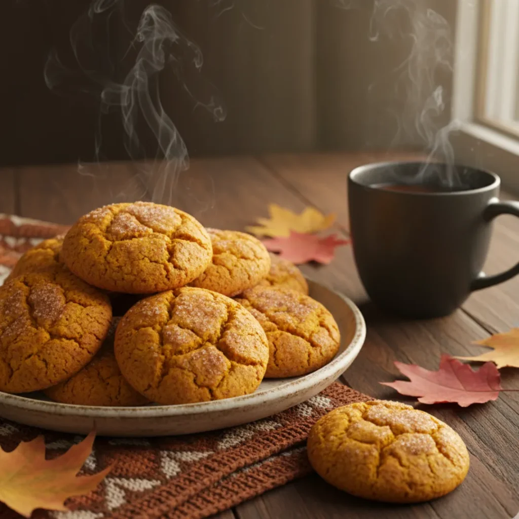 warm fall cookies served on a plate with steaming mug