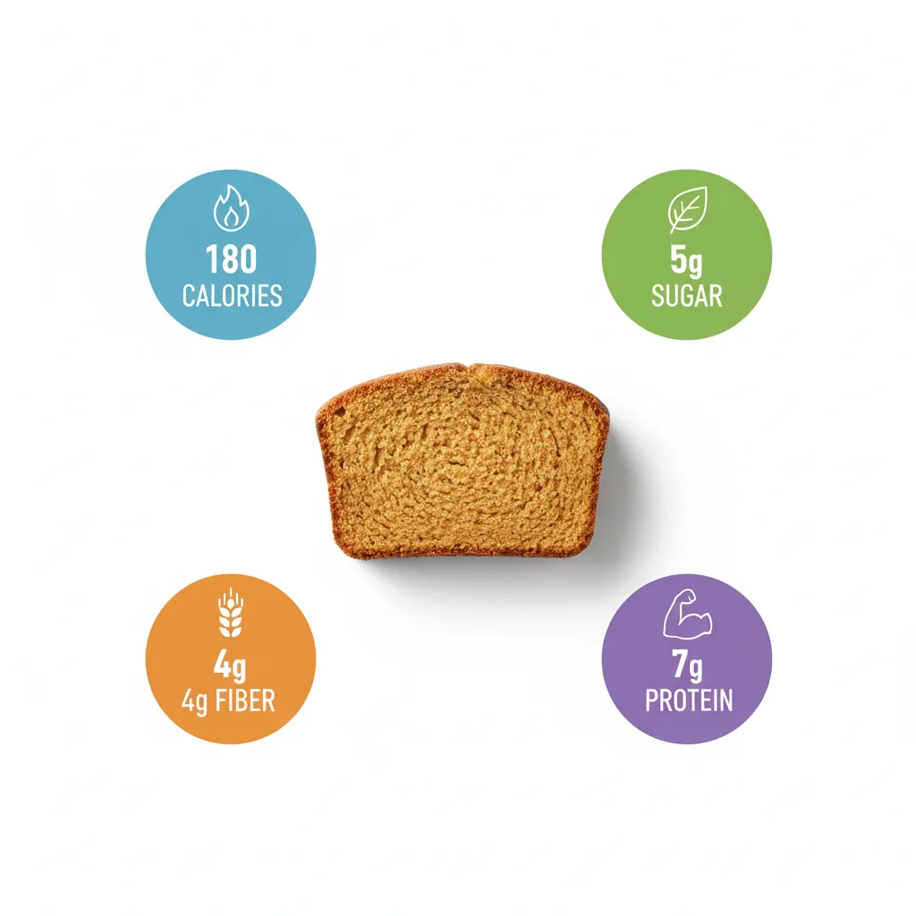 Nutritional breakdown of a slice of healthy pumpkin bread with icons showing calories, fiber, and sugar