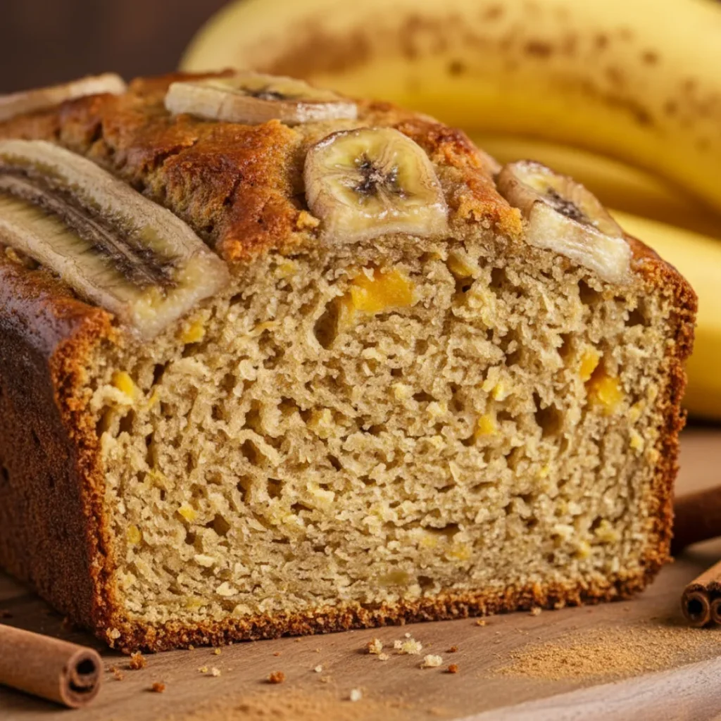 Healthy pumpkin banana bread with banana slices baked on top