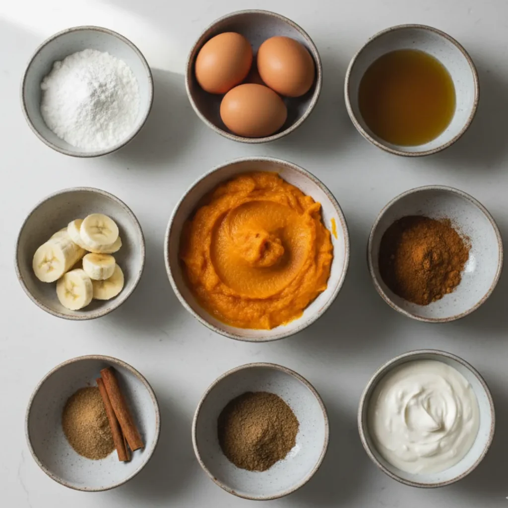 Flat lay of healthy pumpkin bread ingredients including pumpkin puree, flour, banana, and spices