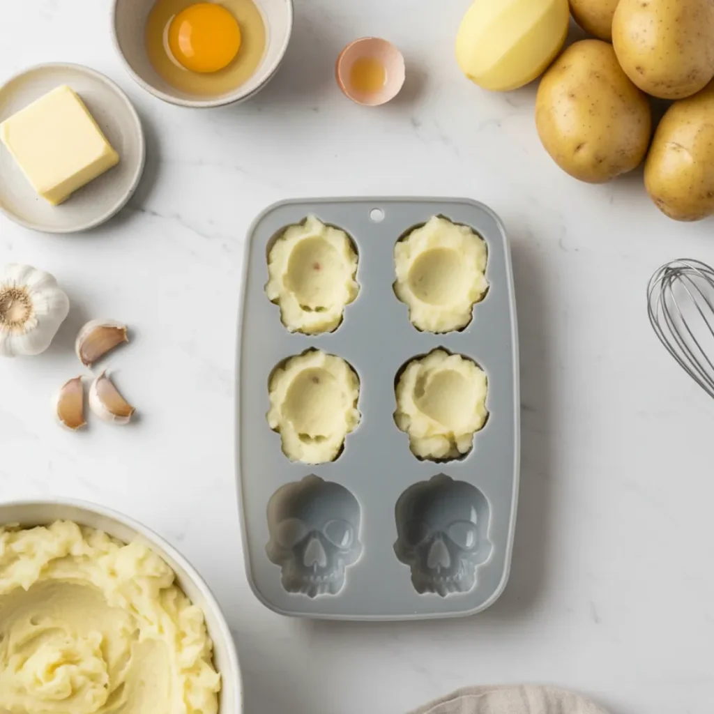 mashed-potatoes-in-skull-mold-with-ingredients-on-marble