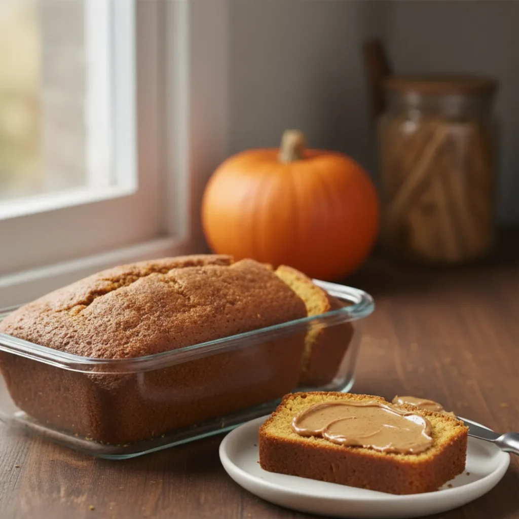 Healthy pumpkin bread slices stored in a glass container