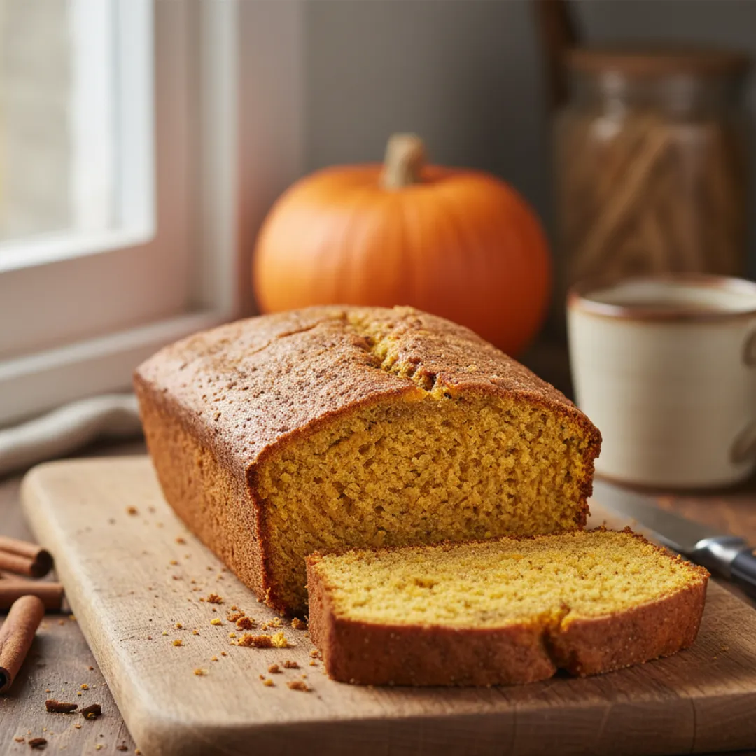 Healthy pumpkin bread loaf with one slice cut, showing moist interior