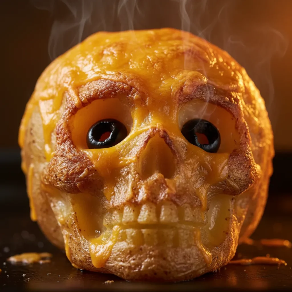 roasted-skull-potato-with-olive-eyes-and-cheddar