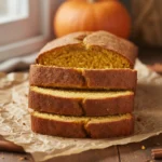 Stack of healthy pumpkin bread slices on parchment paper