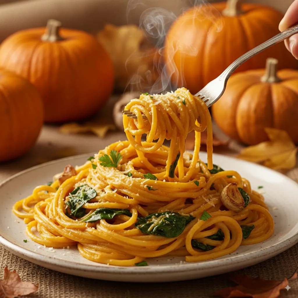Plate of creamy pumpkin pasta with spinach, simple and healthy