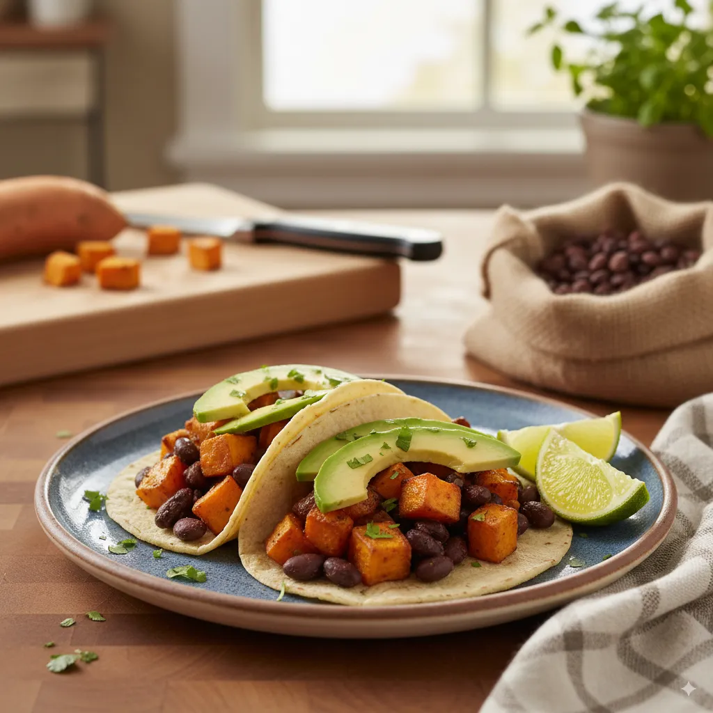 Sweet potato and black bean tacos with avocado slices