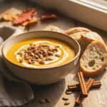 fall recipes dinner, Bowl of creamy butternut squash soup topped with yogurt swirl and toasted pumpkin seeds