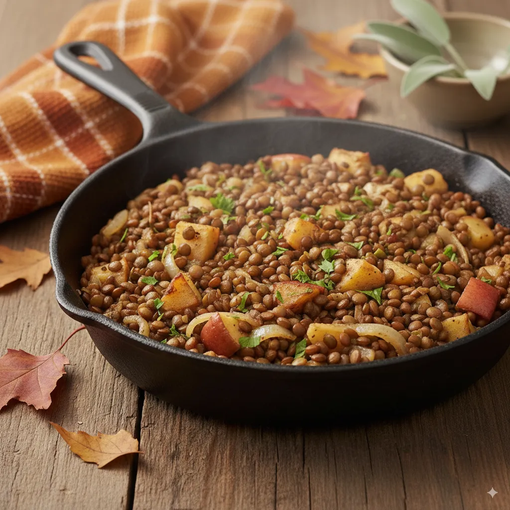 Skillet of apple sage lentils with onion and herbs