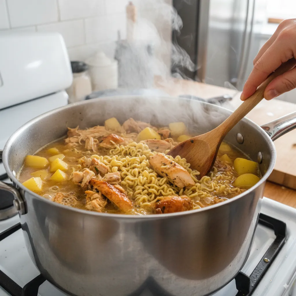 Chicken noodle soup recipe cooking in pot