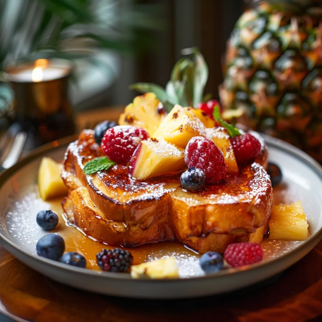 Stack of caramelized French toast slices topped with raspberries, blueberries, and pineapple, lightly dusted with sugar and garnished with mint leaves, with a pineapple in the background.