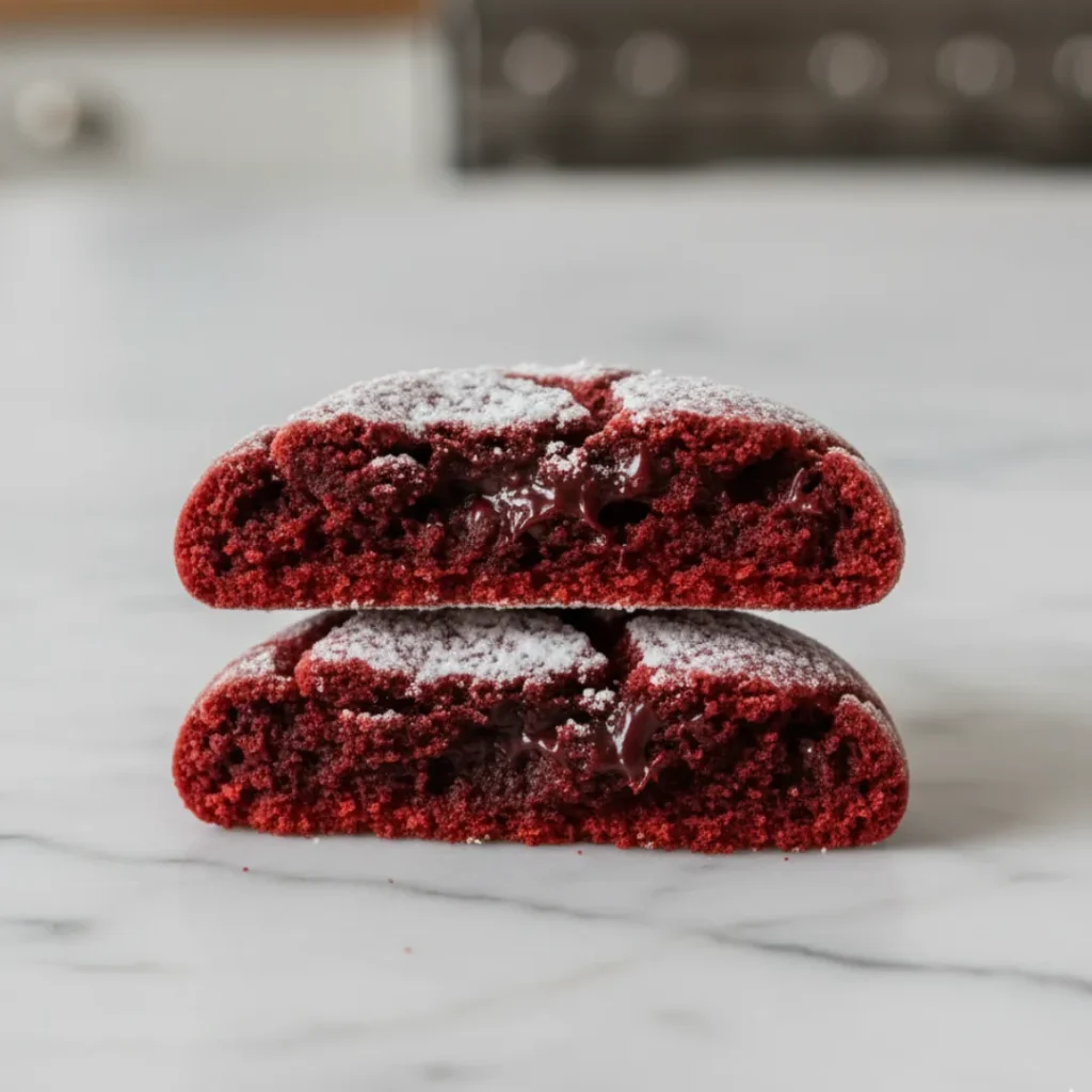 Close-up of red velvet crinkle cookie with fudgy chocolate center