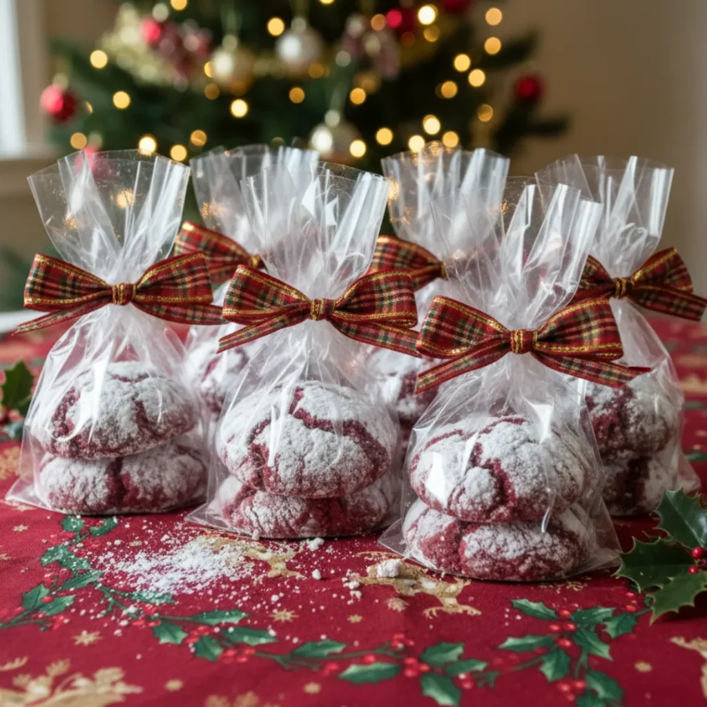 Red velvet cookies wrapped in clear treat bags with festive bows