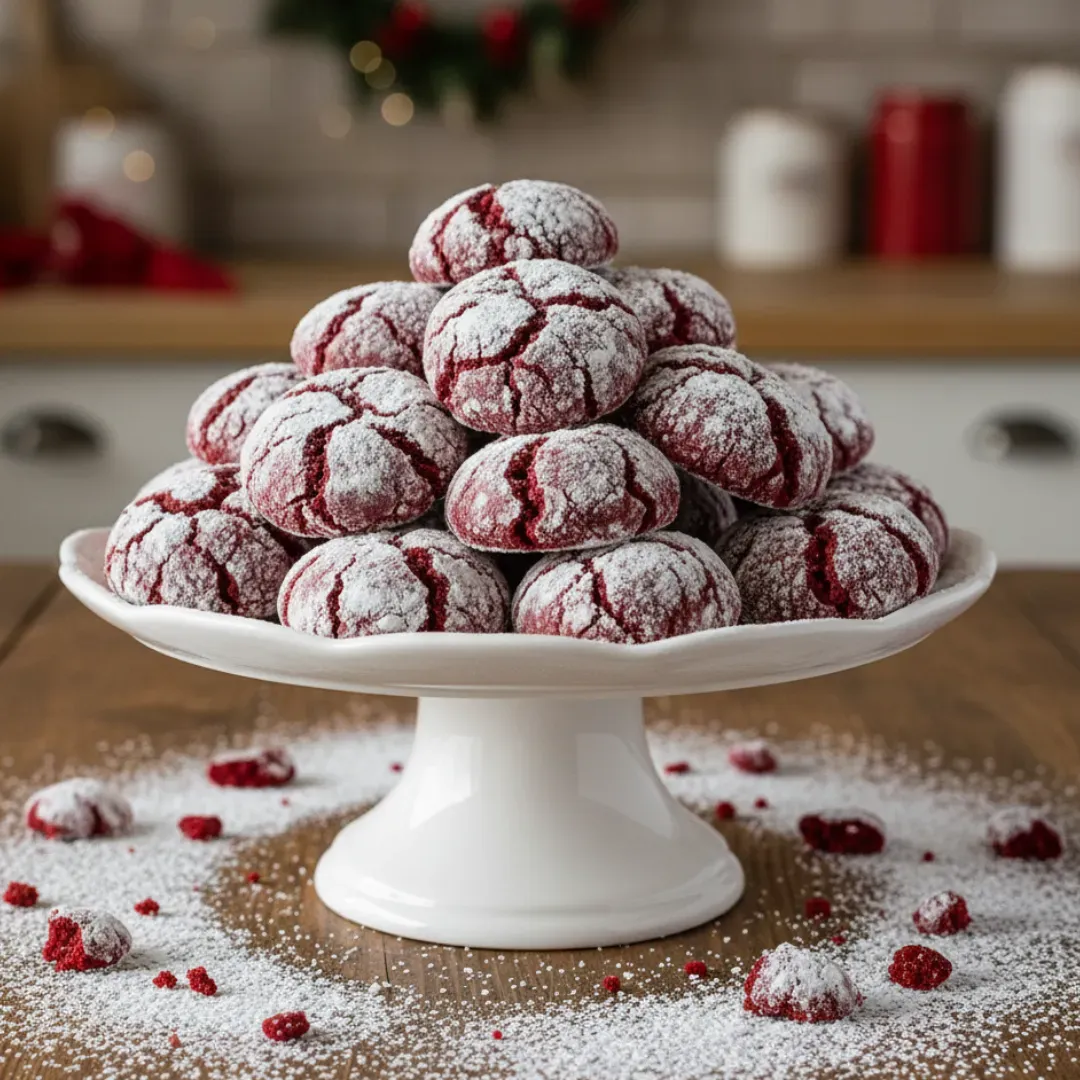 Red Velvet Crinkle Cookies on a white cake stand with powdered sugar