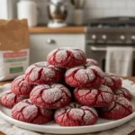Homemade red velvet crinkle cookies stacked high on a white plate