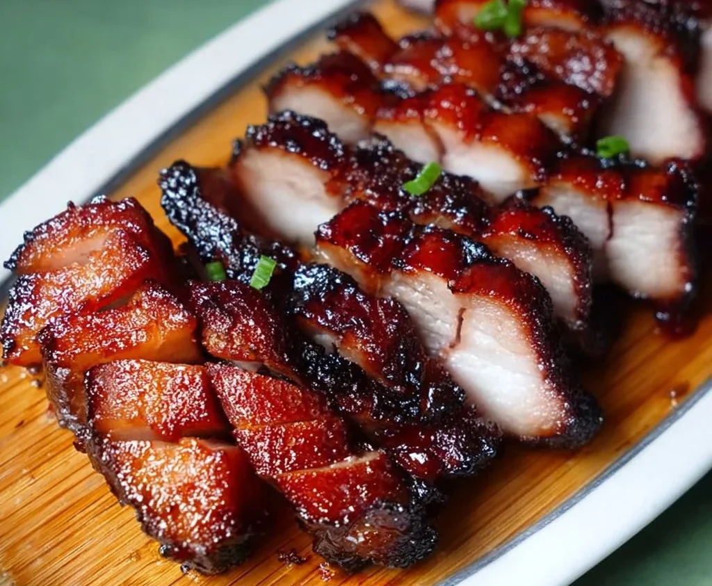Air Fried Char Siu pork dish with vibrant colors and garnishes.