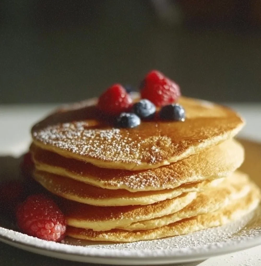 Fluffy almond flour pancakes stacked with fresh berries.