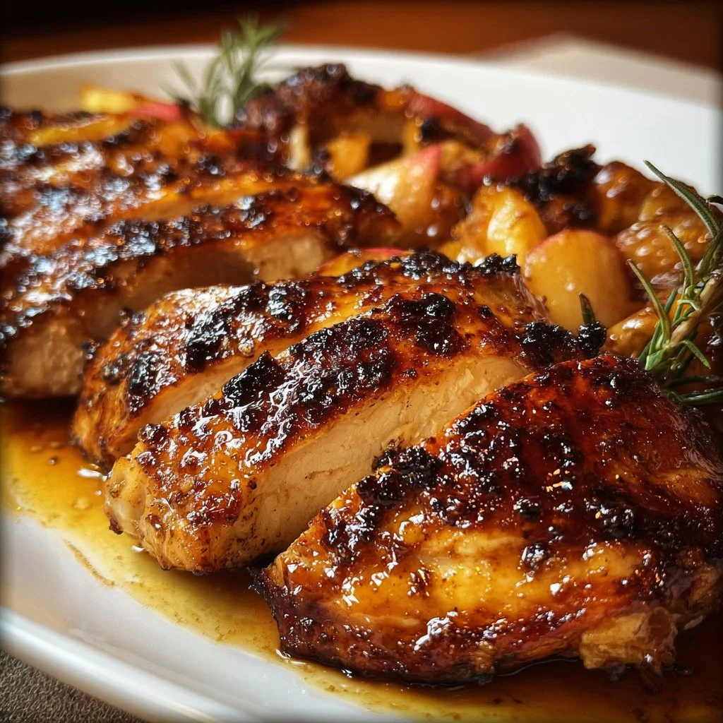 Delicious Apple Cider Chicken garnished with herbs and served with vegetables.