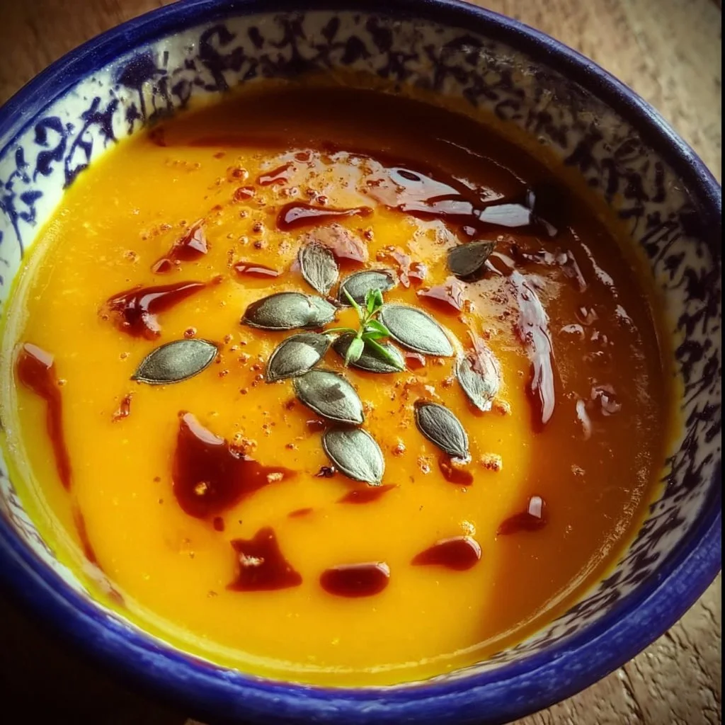 Bowl of autumn-spiced roasted pumpkin soup garnished with herbs.