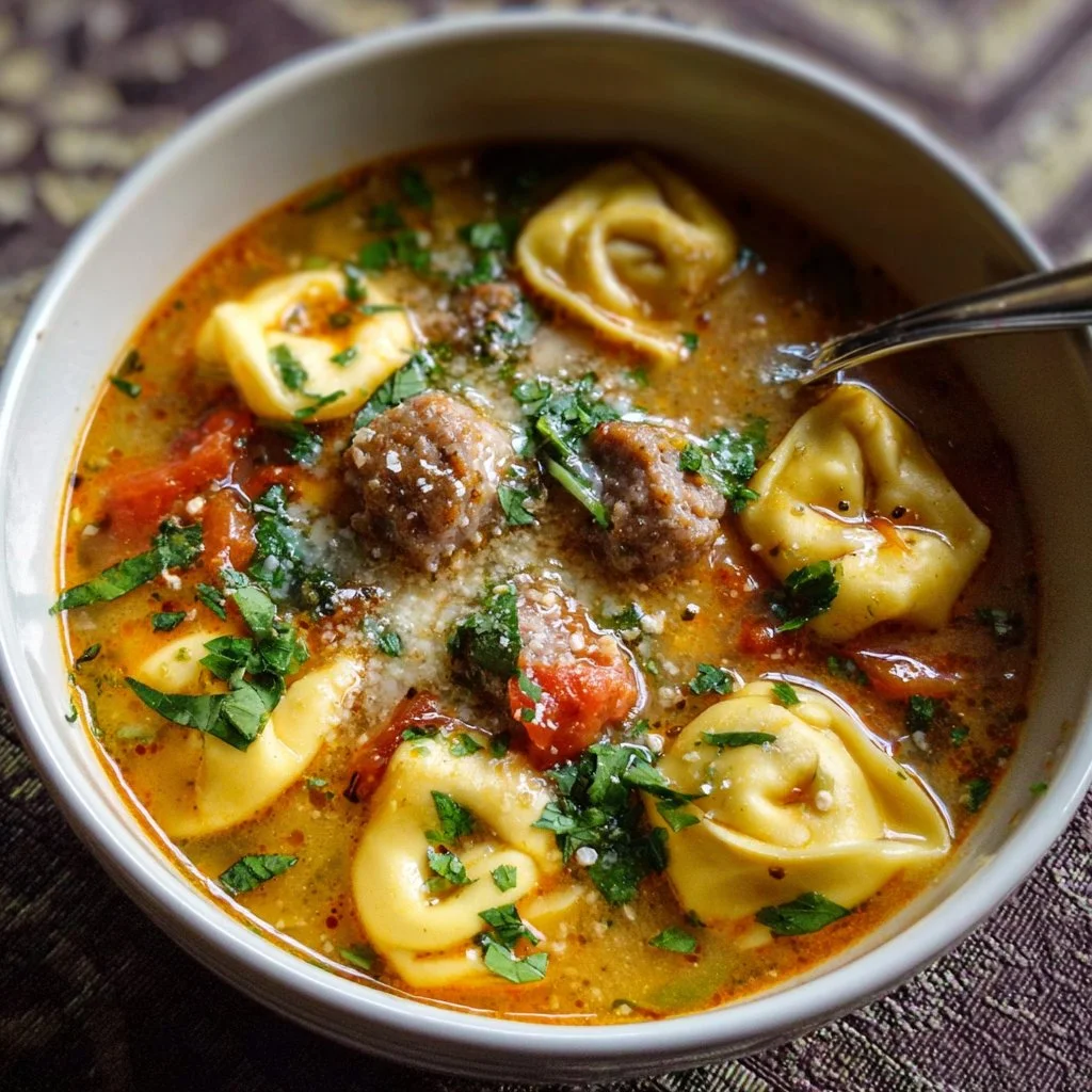 Bowl of Autumn Tortellini Soup with Sausage garnished with parsley.
