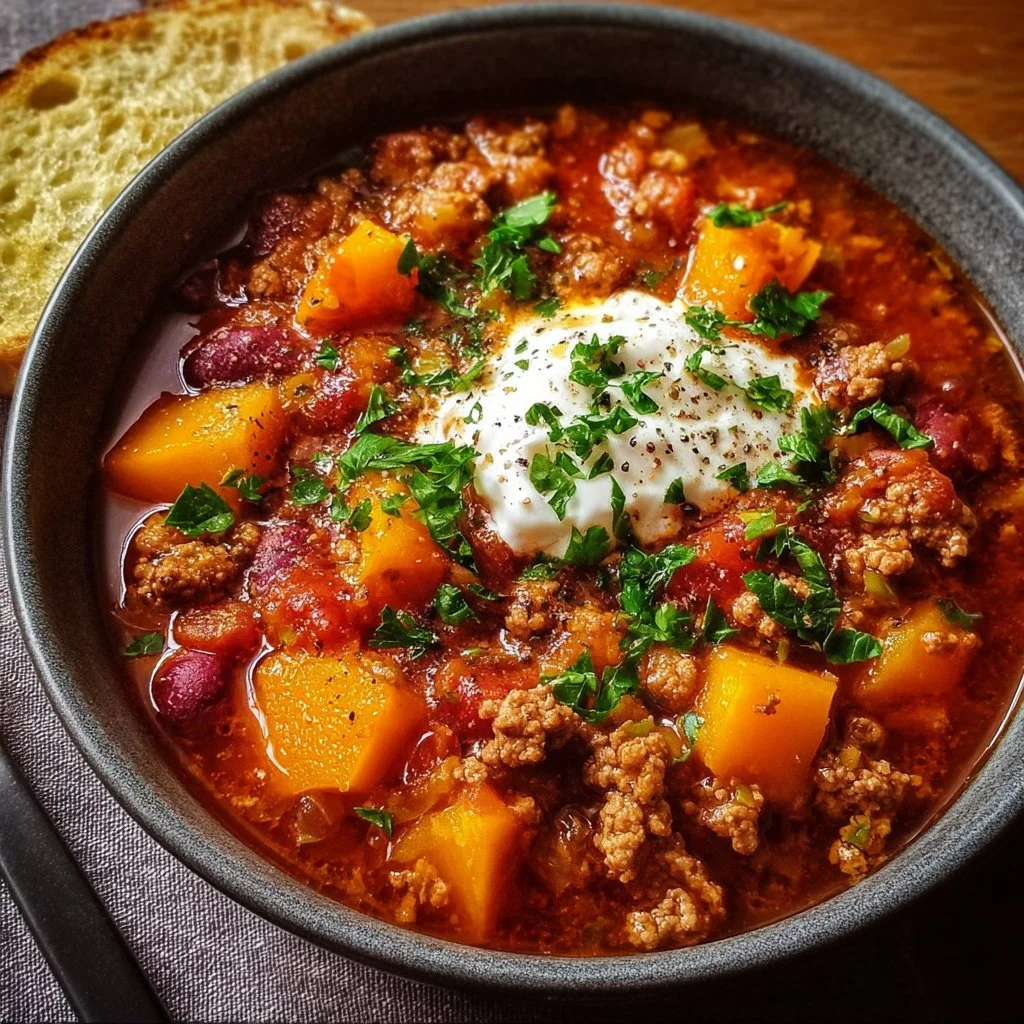 Bowl of Autumn Turkey Chili with Butternut Squash and spices