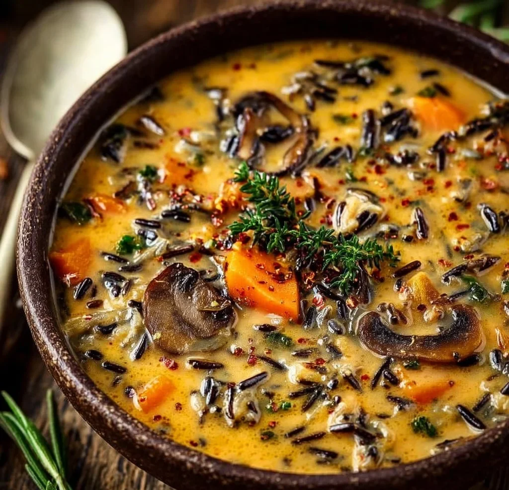 Bowl of Autumn Wild Rice Soup garnished with herbs and vegetables