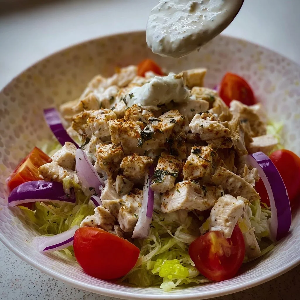 A delicious bowl of the best chicken salad with fresh vegetables and dressing