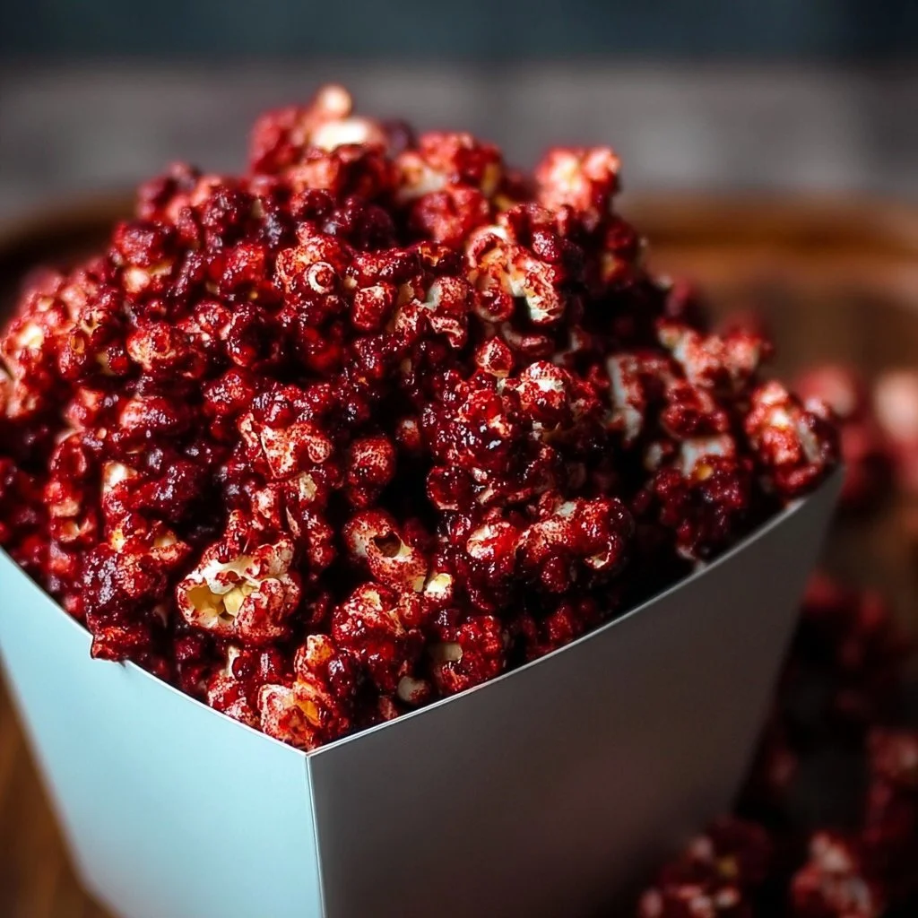 Bloody Red Velvet Popcorn topped with vibrant red chocolate and sprinkles.