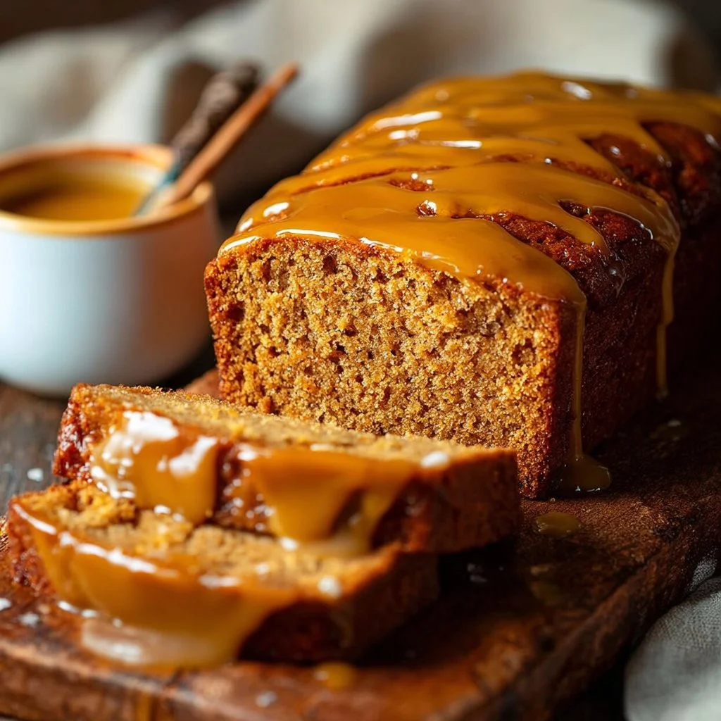 Slice of brown butter pumpkin bread topped with salted maple glaze