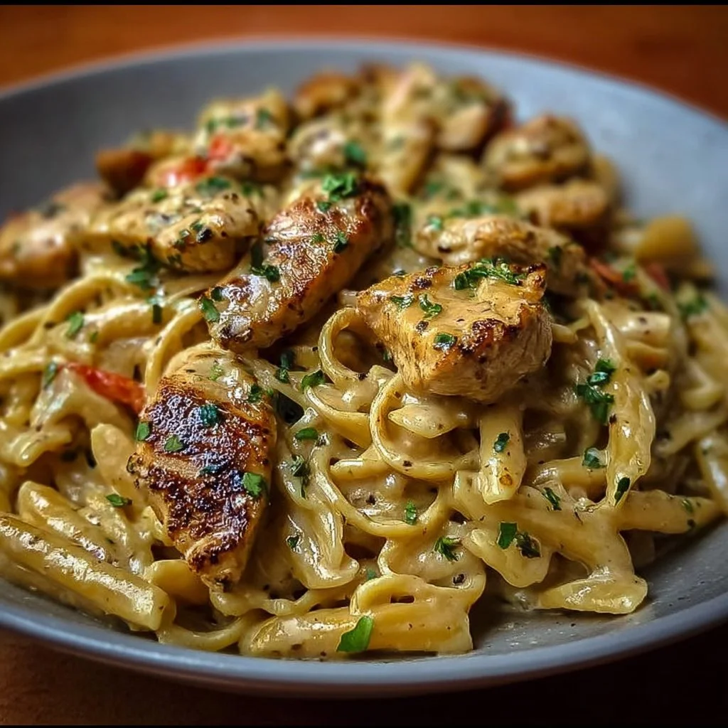 A bowl of creamy Cajun Chicken Pasta topped with herbs and spices.