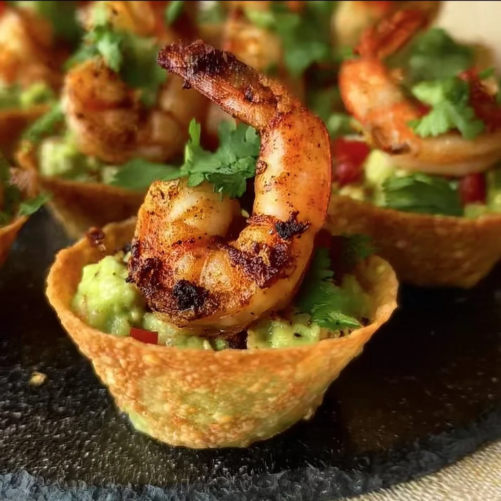 Cajun guacamole shrimp cups served on a platter.