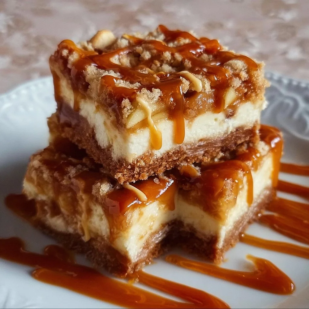 Delicious caramel apple cheesecake bars with a buttery crust and apple topping.