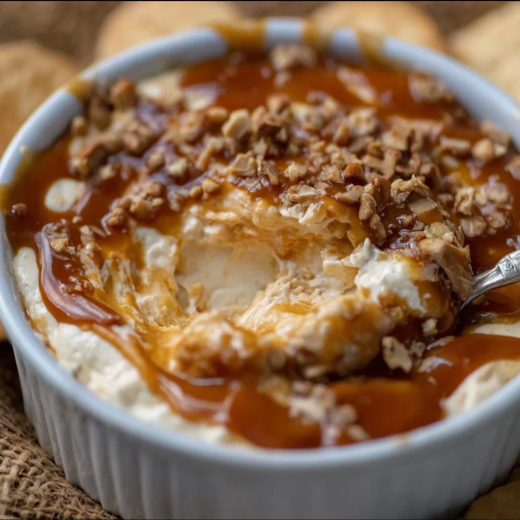 Delicious caramel apple cheesecake dip served in a bowl with apple slices.