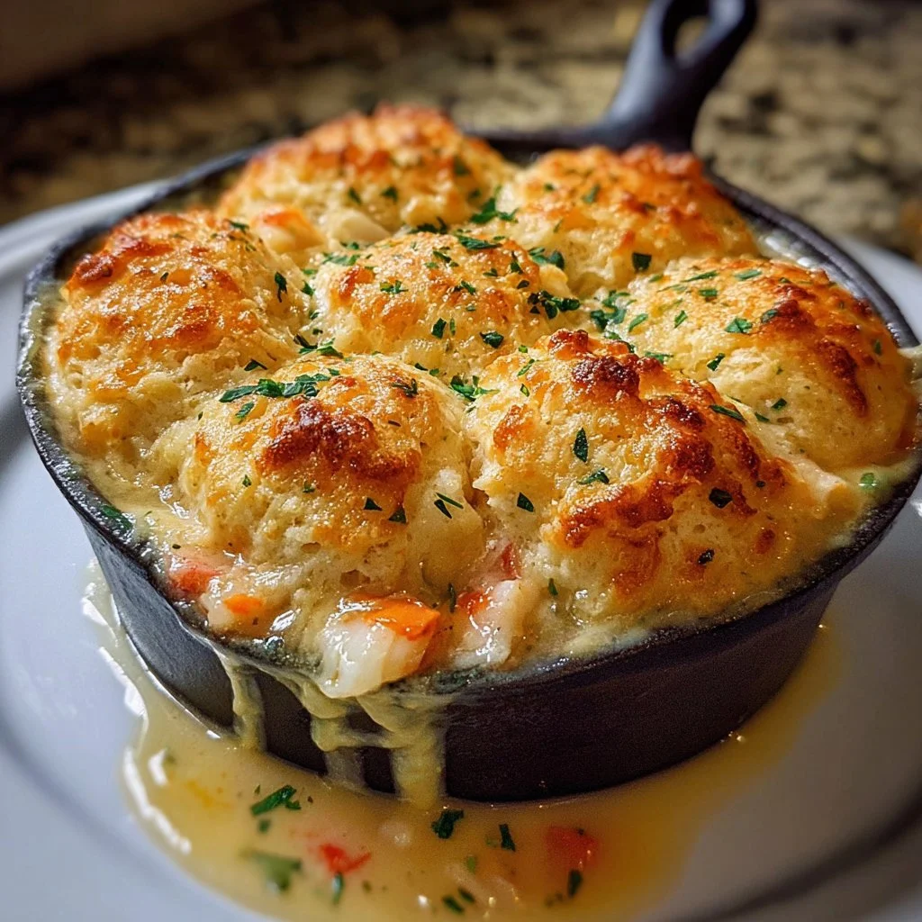 Cheddar Bay Biscuit Seafood Pot Pie topped with flaky biscuits and seafood filling