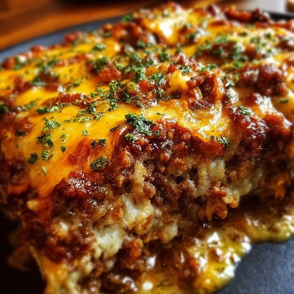 Cheesy meatloaf casserole topped with melted cheese and herbs