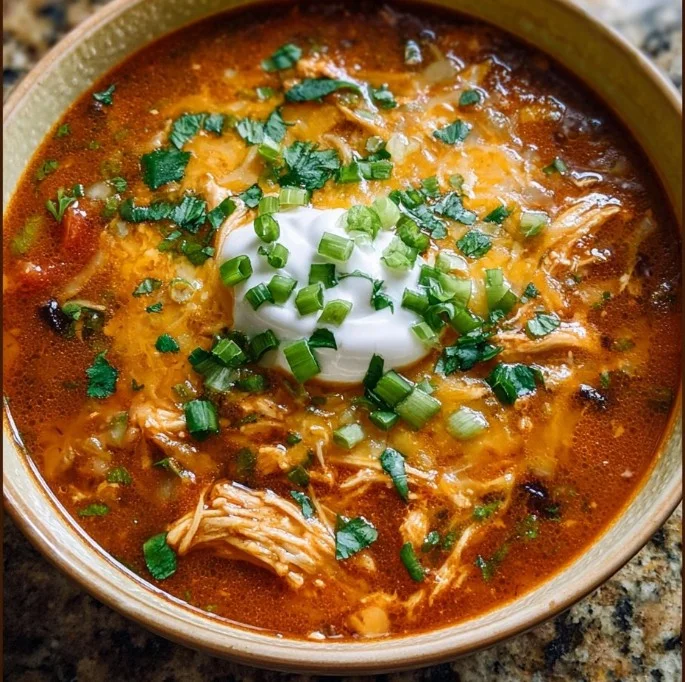 Bowl of delicious Chicken Enchilada Soup garnished with cilantro and lime.