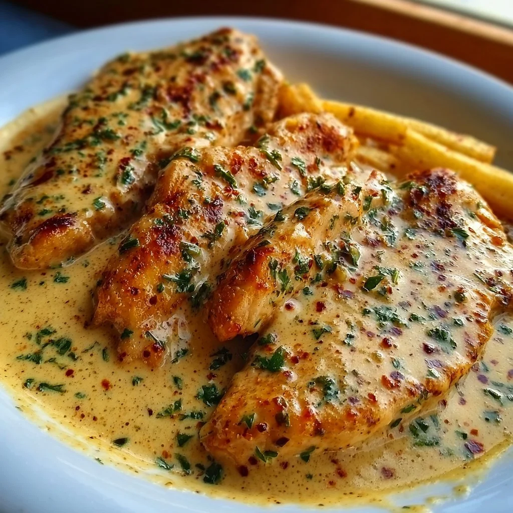 Chicken fillet in spicy creamy garlic-Parmesan sauce served on a plate